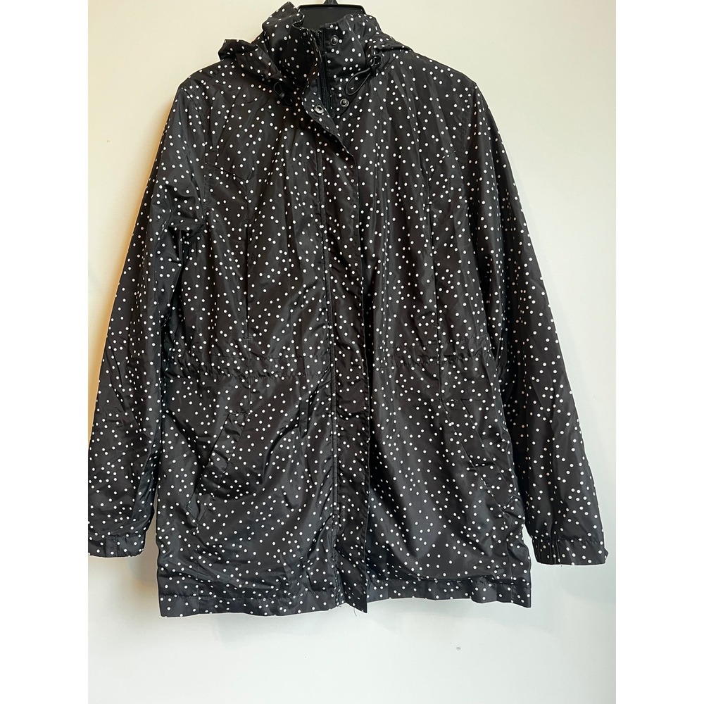 Women's Black White Polka Dot Hooded Lightweight Water Resistant‎ Jacket Parka M